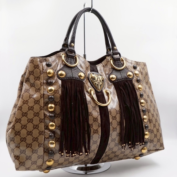CE16 💖 GUCCI GG Crystal Canvas Babouska Heart Stud Fringe Tote Bag - Picture 4 of 13